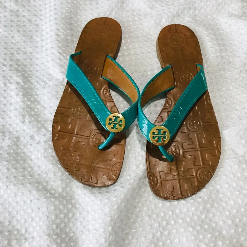 Tory Burch THORA Patent Flip Flops Sandals Shoes-turquoise Aqua Lizard